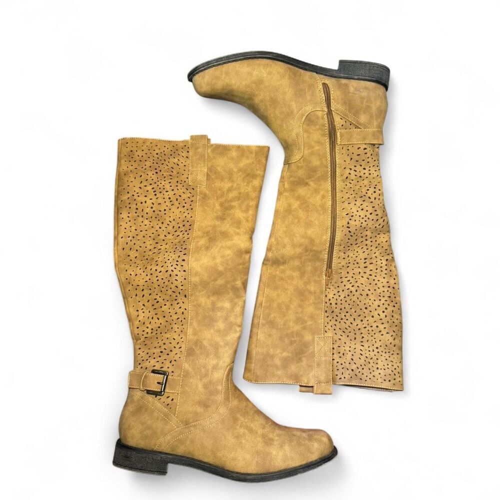 JustFab Cognac Tall Riding Boots Women’s Size 10 Perforated Faux Leather